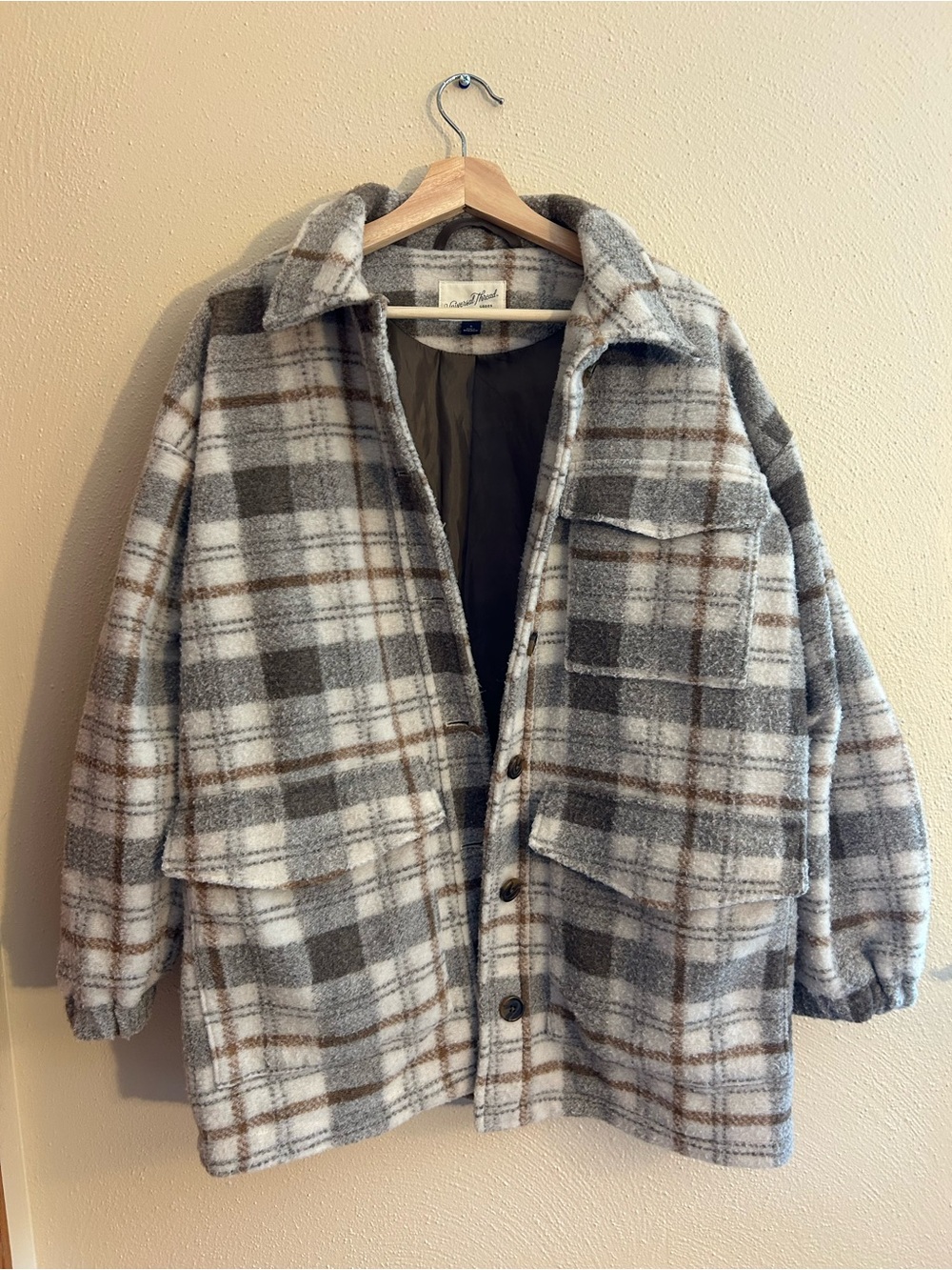 Universal Thread Plaid Teddy Shacket in Gray, White & Brown